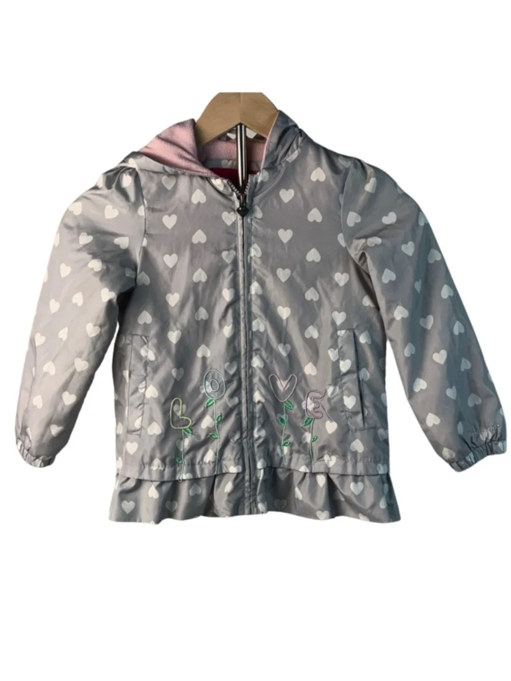 London Fog Gray Heart Pattern LOVE Embroidered Girls Raincoat 5-6 M Fall Travel